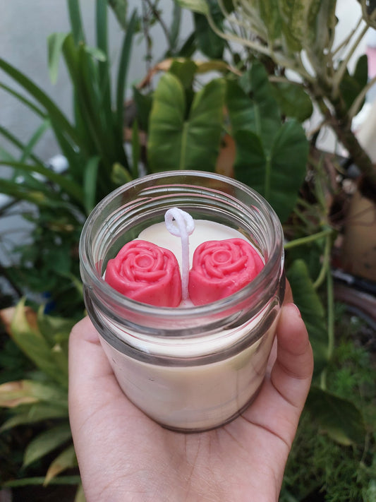 Lavender scented handmade soy wax candle with rose decor